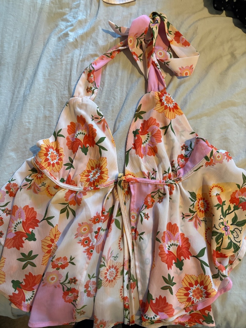 SHEIN Pink Floral Halter Peplum Tie-Front Top
